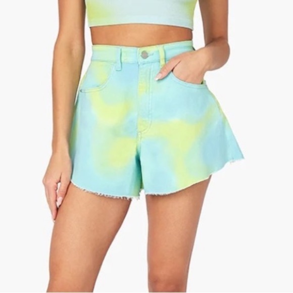 NWT WeWoreWhat Flare Bell Short in Tie Dye Stretch Twill Denim - Picture 1 of 5